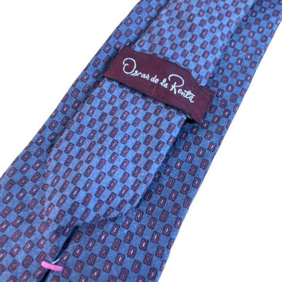 Oscar De La Renta Men's 100% Silk Geometric Pattern Necktie Blue Vintage - Picture 3 of 6